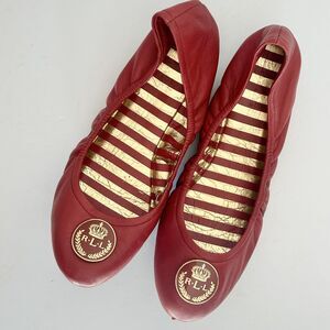 Ralph Lauren, Leather Ballet Flats Red with Gold Crown Logo, sz 8 Foldable, Y2K